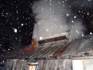 Making maple syrup on a cold snowy March night!