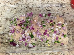 First Layer, bread crumbs, peppers and onions