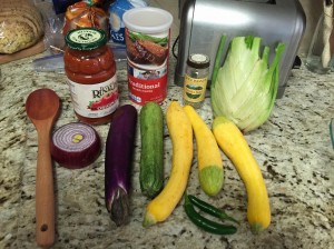 Basic Ingredients; Squash, Eggplant, Fennel bulb, Onion, Fennel seed, Peppers, Tomato sauce, Bread crumbs